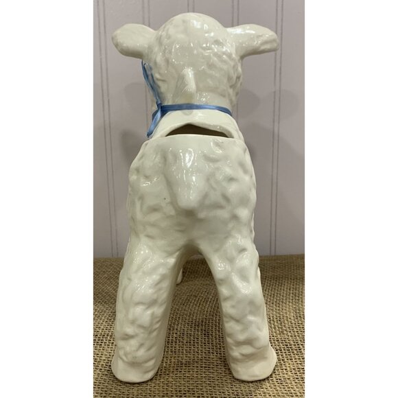 Vintage Ceramic Lamb Planter With Blue Bow & Pink Ears - Picture 2 of 7